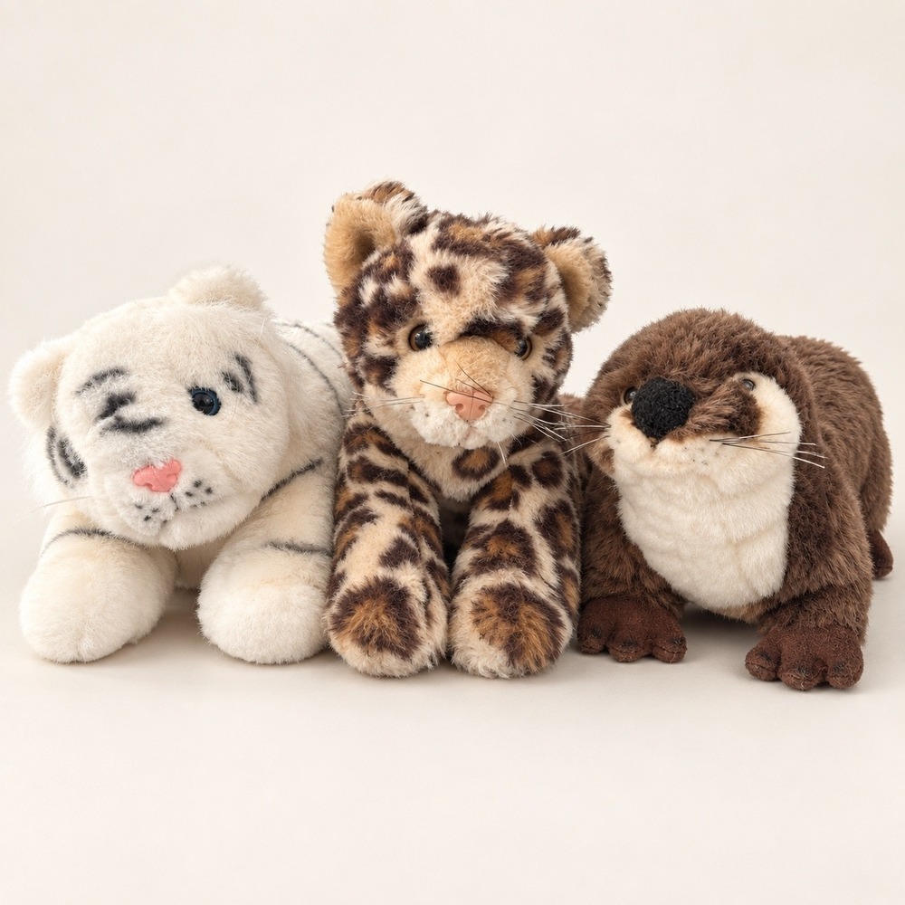 Fiesta Snow Leopard White Tiger and Otter Plush Stuffed Animal Bundle 3pc Set